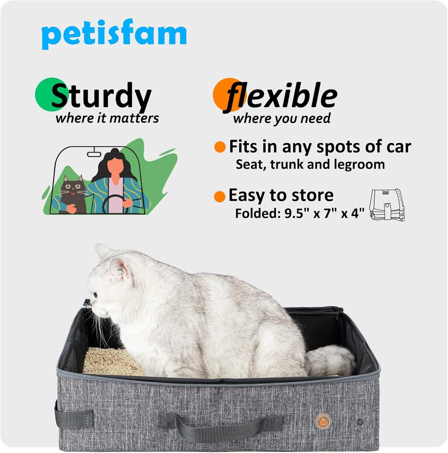 Large Portable Cat Travel Litter Box with Zipperd Top for Medium, Large or Multiple Cats. Odor Control, Leak-Proof, Lightweight for Easy Carry, Easy Storage, Easy to Clean