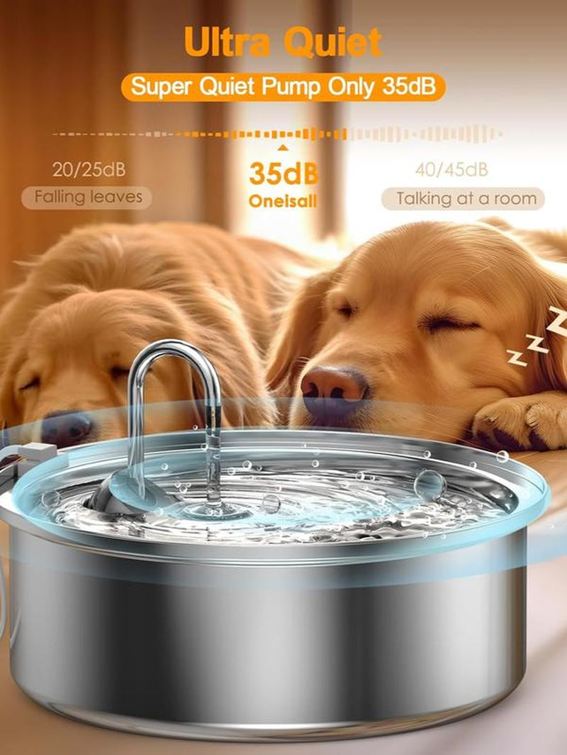 Oneisall Dog Water Fountain for Large Dogs with 3 Filters, 7L/230Oz/1.8G Stainless Steel Dog Fountain Super Quiet with Triple Filtration,Great for Large Dogs Cats and Multi-Pet Home