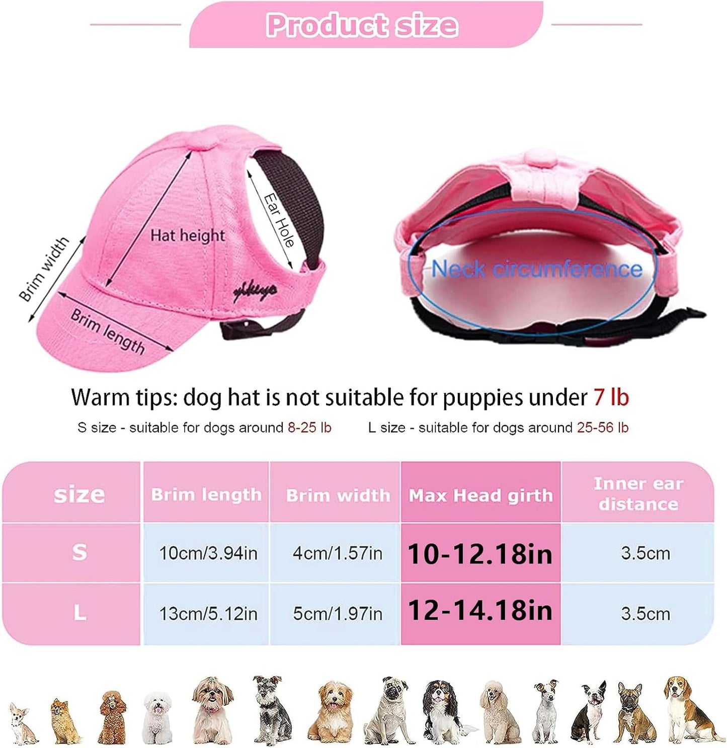 Dog Baseball Caps Hats with Neck Strap Adjustable Ear Holes for Small Dogs in Outdoor Sun Protection, Pet Casual Cap Visor Sunbonnet with Ear Holes, Summer Travel Sport Hat Outfit
