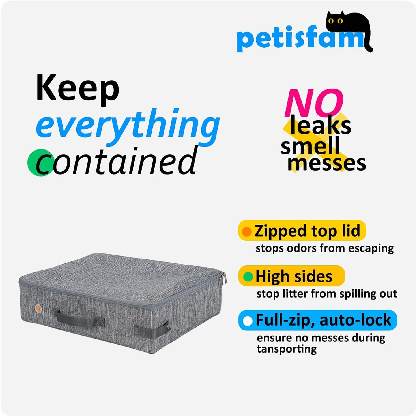 Large Portable Cat Travel Litter Box with Zipperd Top for Medium, Large or Multiple Cats. Odor Control, Leak-Proof, Lightweight for Easy Carry, Easy Storage, Easy to Clean