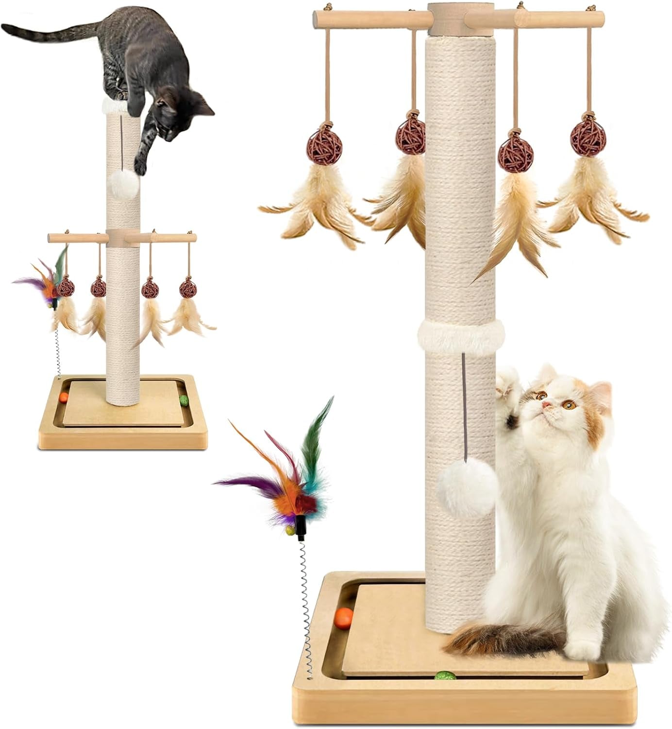 Tall Cat Scratching Post, Sisal, 33 Inches, Large Scratcher Tree Tower for Indoor Cats Adults with Hanging and Ball Track, 2 Mounting Methods Interactive Furniture Toys for All Ages