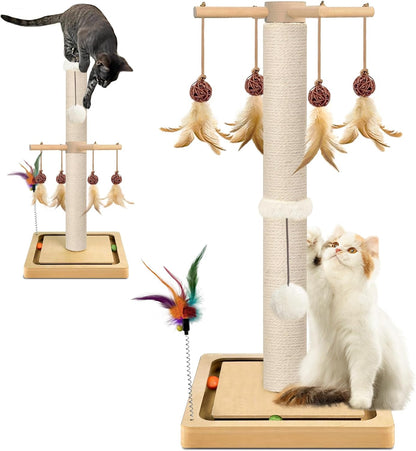 Tall Cat Scratching Post, Sisal, 33 Inches, Large Scratcher Tree Tower for Indoor Cats Adults with Hanging and Ball Track, 2 Mounting Methods Interactive Furniture Toys for All Ages
