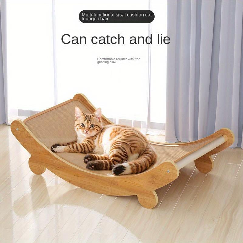 Cat Lounger - Linen Hammock with Scratching Surface, Durable Wooden Cat Scratcher Tower, All-Season Pet Recliner with Furniture Protection