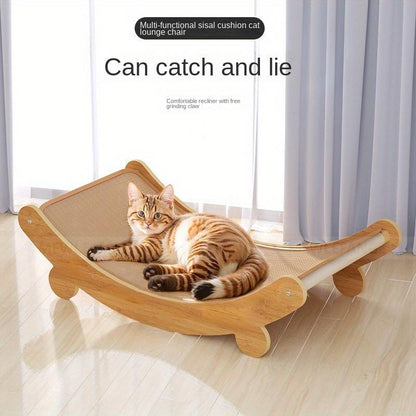 Cat Lounger - Linen Hammock with Scratching Surface, Durable Wooden Cat Scratcher Tower, All-Season Pet Recliner with Furniture Protection