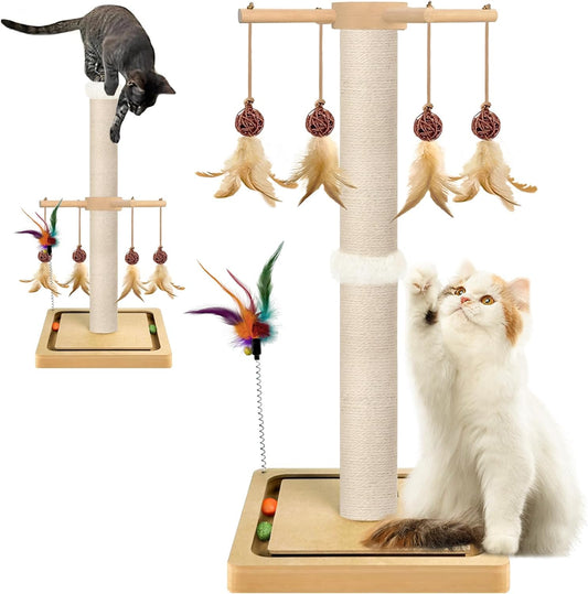 Tall Cat Scratching Post, Sisal, 33 Inches, Large Scratcher Tree Tower for Indoor Cats Adults with Hanging and Ball Track, 2 Mounting Methods Interactive Furniture Toys for All Ages
