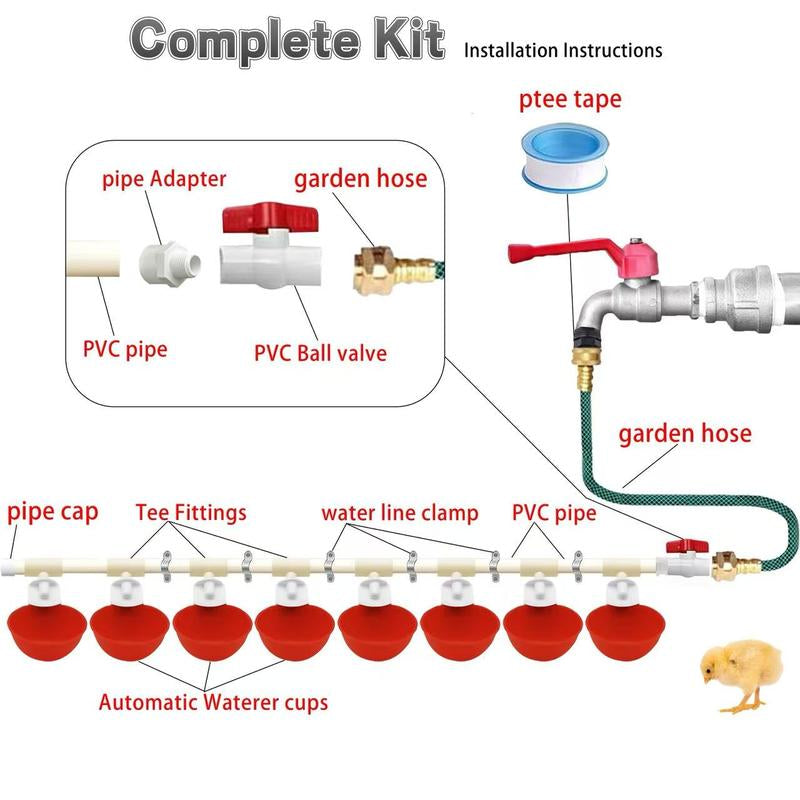 Automatic Chicken Watering System, Chicken Water Cups, Chicken Water Feeder and 1/2" PVC Tee Pipe DIY Kit, Poultry Waterer Chicken Water Dispenser for Chicken, Duck, Quail