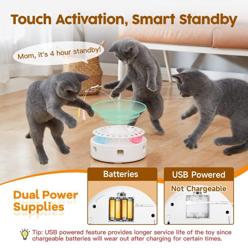 Potaroma Automatic Cat Toys 3-In-1 Interactive Kitten Toy, Fluttering Butterfly, Random Moving Ambush Feather, Track Balls, Dual Power Supplies, USB Powered, Indoor Exercise Cat Kicker