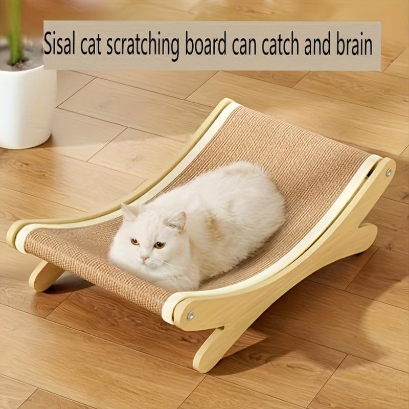 Cat Lounger - Linen Hammock with Scratching Surface, Durable Wooden Cat Scratcher Tower, All-Season Pet Recliner with Furniture Protection