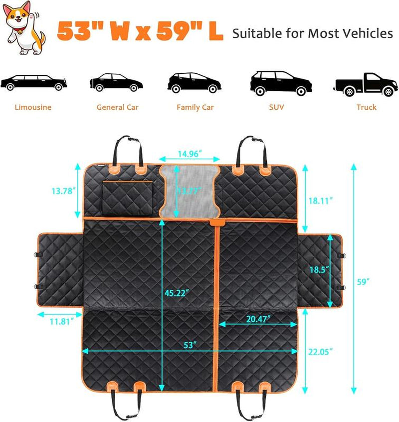 [On Sale!]Dog Car Seat Cover, Waterproof Scratchproof Hammock W/ 4 Storage Bags Side Flaps, Washable Nonslip Backseat Protector for Cars,Trucks,Suvs.