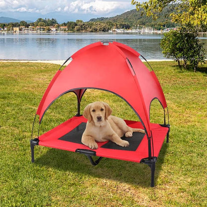 SMONTER Elevated Dog Bed with Canopy - Portable Raised Dog Bed Cooling Dog Place Board Mesh Pet Cot for Large Dogs Oxford Fabric Removable Canopy Shade for Camping Beach Indoor Outdoor