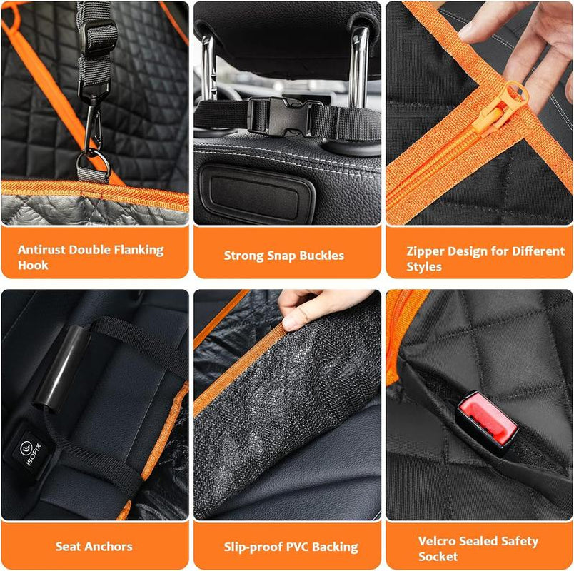 [On Sale!]Dog Car Seat Cover, Waterproof Scratchproof Hammock W/ 4 Storage Bags Side Flaps, Washable Nonslip Backseat Protector for Cars,Trucks,Suvs.
