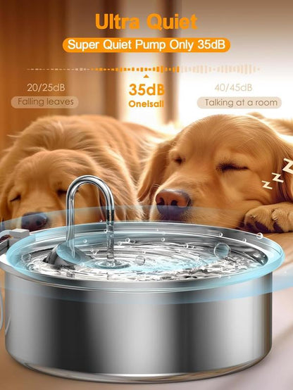 Oneisall Dog Water Fountain for Large Dogs with 3 Filters, 7L/230Oz/1.8G Stainless Steel Dog Fountain Super Quiet with Triple Filtration,Great for Large Dogs Cats and Multi-Pet Home