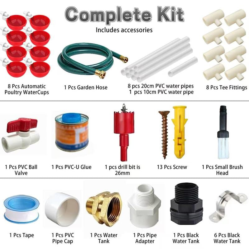 Automatic Chicken Watering System, Chicken Water Cups, Chicken Water Feeder and 1/2" PVC Tee Pipe DIY Kit, Poultry Waterer Chicken Water Dispenser for Chicken, Duck, Quail