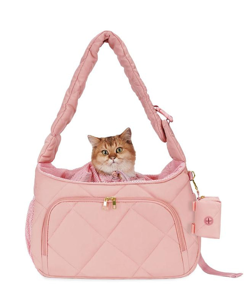 Pet Carrier Sling Puppy Carrier with Storage Pocket, Fluffy Quilted Breathable for Carry Small Dogs Cats with Travel Safety Harness