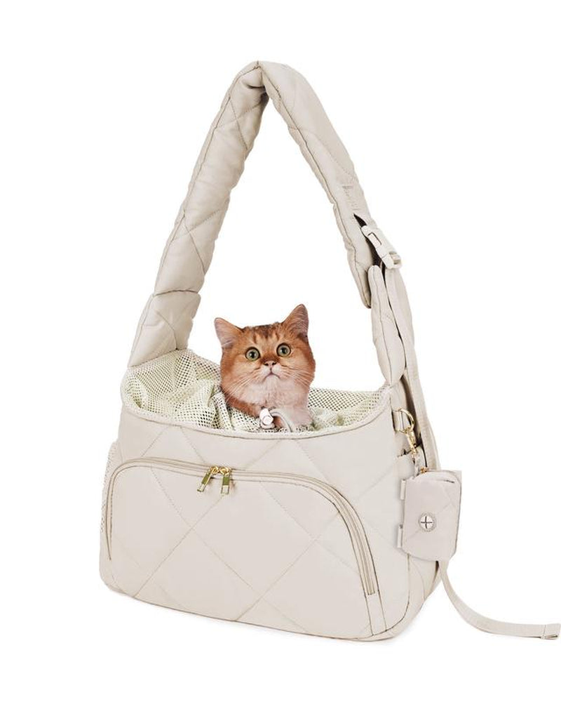 Pet Carrier Sling Puppy Carrier with Storage Pocket, Fluffy Quilted Breathable for Carry Small Dogs Cats with Travel Safety Harness