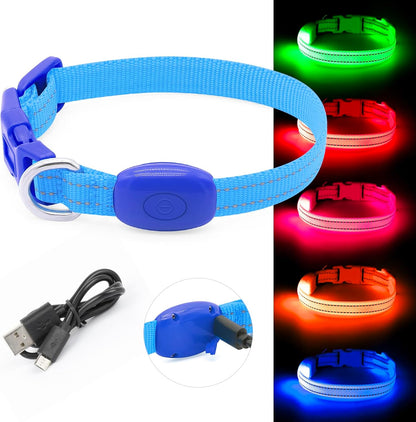 Light up Dog Collar - Reflective LED Dog Collar Rechargeable Glowing Cat Collars Adjustable Puppy Collar Safety Dog Lights for Night Walking (Blue, XS)