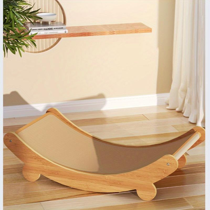 Cat Lounger - Linen Hammock with Scratching Surface, Durable Wooden Cat Scratcher Tower, All-Season Pet Recliner with Furniture Protection