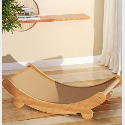 Cat Lounger - Linen Hammock with Scratching Surface, Durable Wooden Cat Scratcher Tower, All-Season Pet Recliner with Furniture Protection