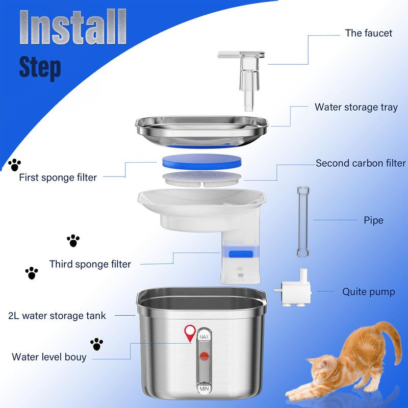 Cat Water Fountain, 2.2L/73Oz Automatic Dog Dispenser Water Bowl,Stainless Steel Pet Water Fountain for Cats Inside, 3 Filters&Ultra-Quiet Pump,Square