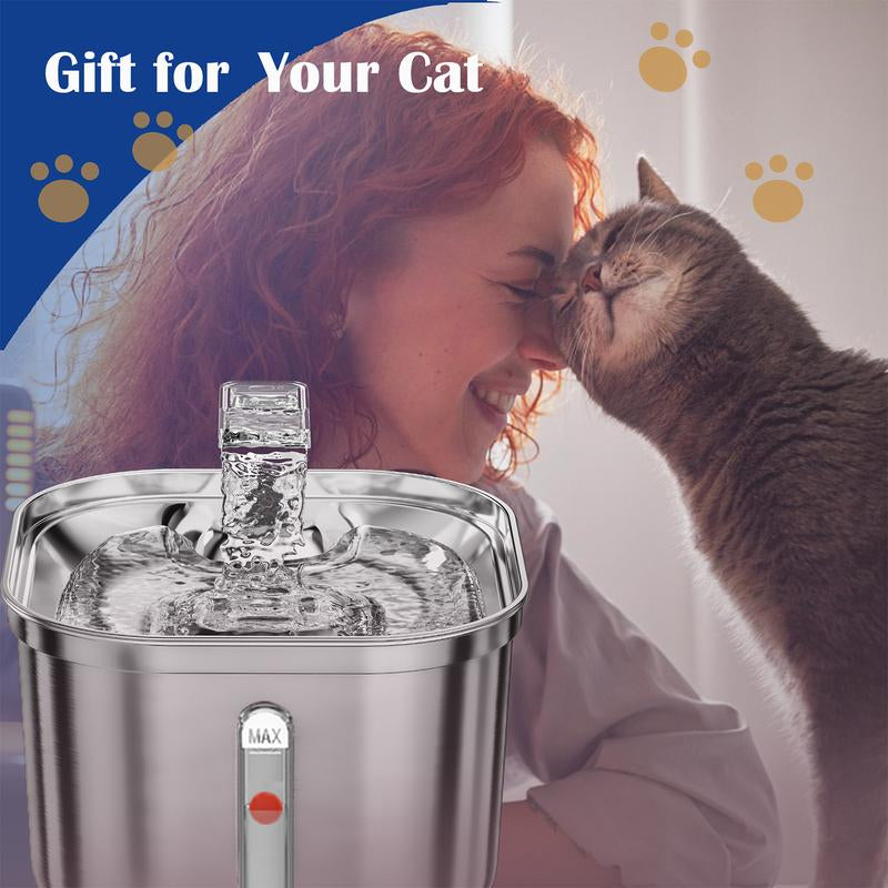 Cat Water Fountain, 2.2L/73Oz Automatic Dog Dispenser Water Bowl,Stainless Steel Pet Water Fountain for Cats Inside, 3 Filters&Ultra-Quiet Pump,Square
