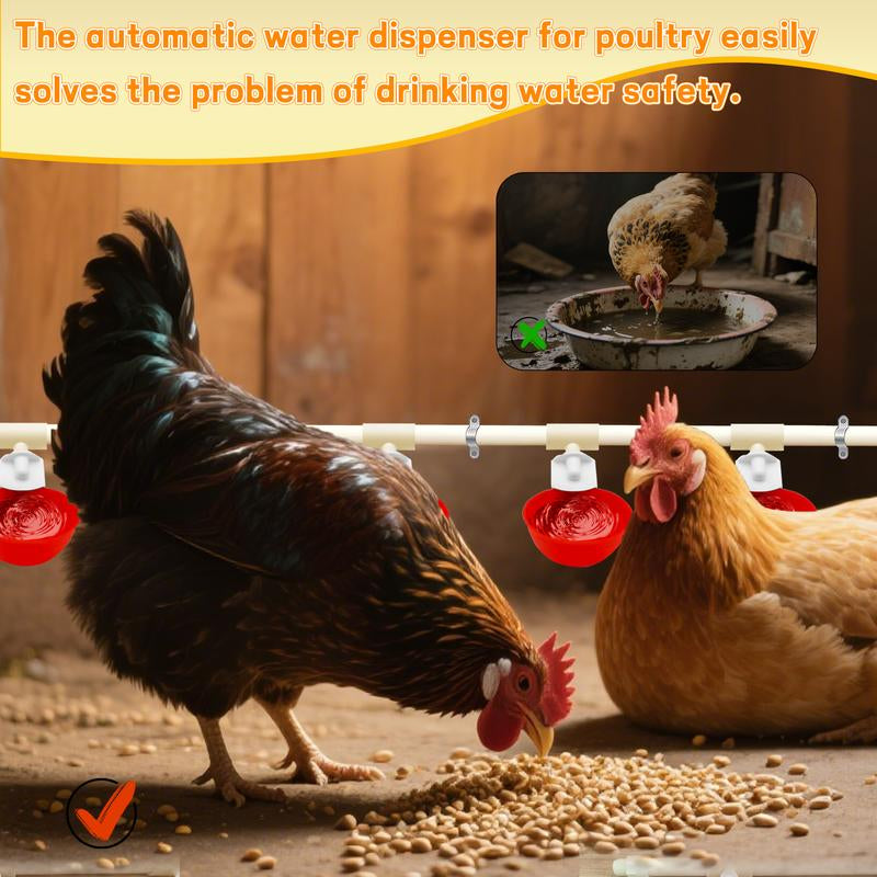 Automatic Chicken Watering System, Chicken Water Cups, Chicken Water Feeder and 1/2" PVC Tee Pipe DIY Kit, Poultry Waterer Chicken Water Dispenser for Chicken, Duck, Quail