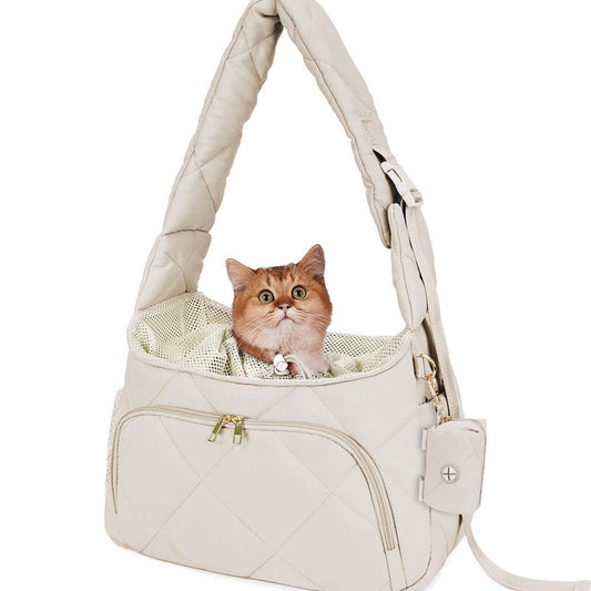 Pet Carrier Sling Puppy Carrier with Storage Pocket, Fluffy Quilted Breathable for Carry Small Dogs Cats with Travel Safety Harness