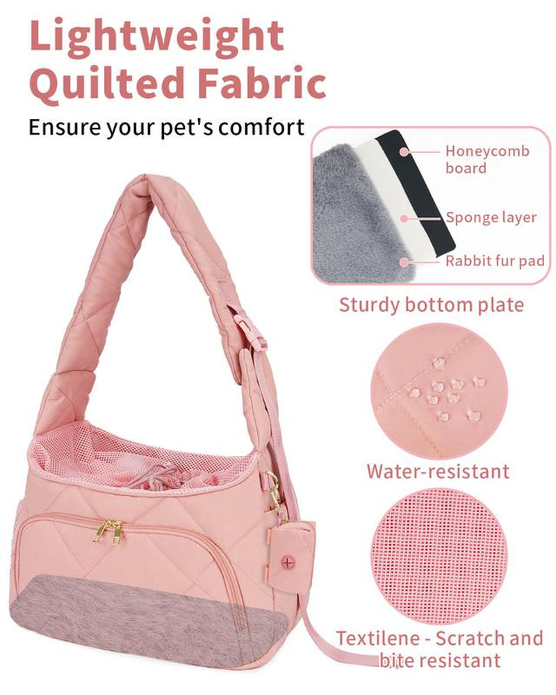 Pet Carrier Sling Puppy Carrier with Storage Pocket, Fluffy Quilted Breathable for Carry Small Dogs Cats with Travel Safety Harness
