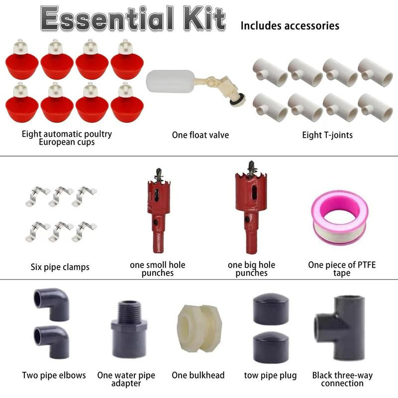 Automatic Chicken Watering System, Chicken Water Cups, Chicken Water Feeder and 1/2" PVC Tee Pipe DIY Kit, Poultry Waterer Chicken Water Dispenser for Chicken, Duck, Quail