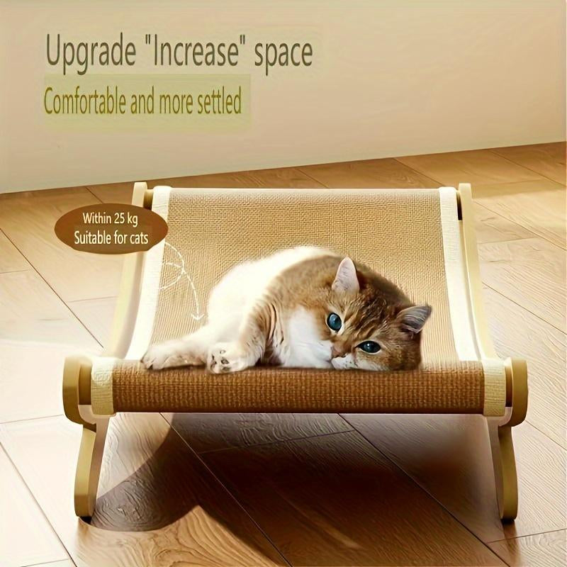 Cat Lounger - Linen Hammock with Scratching Surface, Durable Wooden Cat Scratcher Tower, All-Season Pet Recliner with Furniture Protection